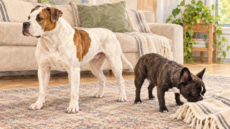 Generated painted comparison of an American Bulldog and Nina, a French Bulldog; an illustrative scene, not a documented meeting or exact scale chart.