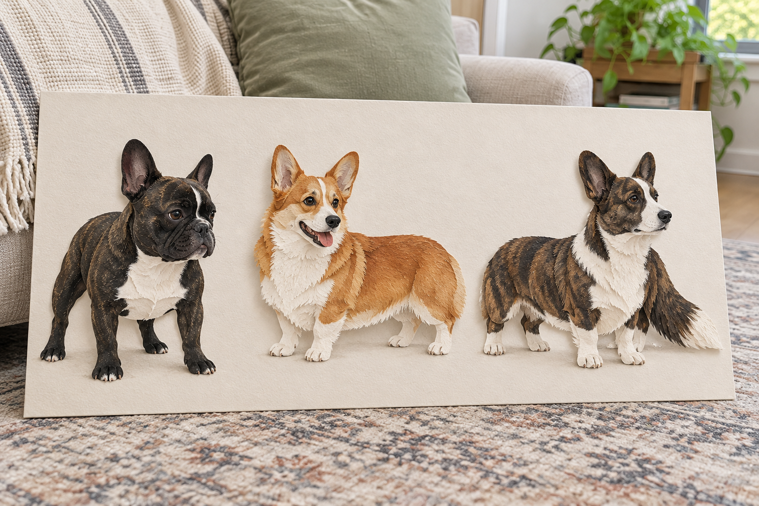 Generated paper-style illustration of a French Bulldog, Pembroke Welsh Corgi and Cardigan Welsh Corgi, shown separately rather than as a predicted mixed dog.