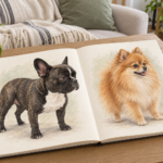 Generated illustration of separate French Bulldog and Pomeranian sketches in an open book; these are parent-breed examples, not a predicted mixed dog.