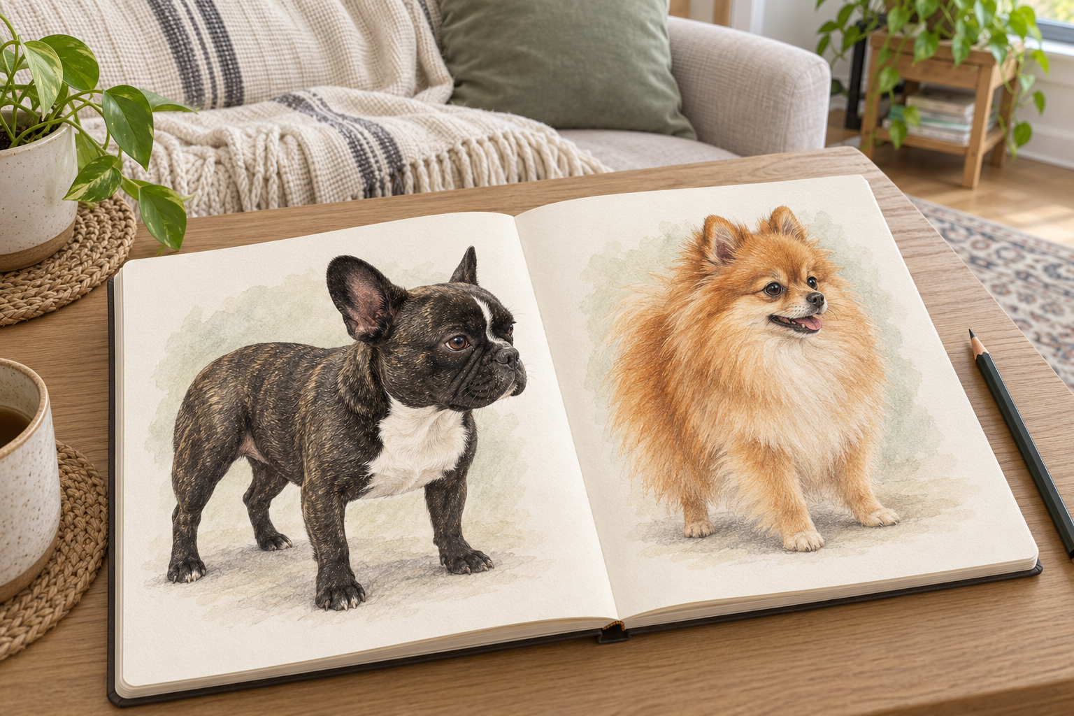 Generated illustration of separate French Bulldog and Pomeranian sketches in an open book; these are parent-breed examples, not a predicted mixed dog.