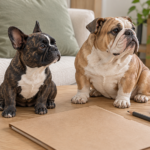 Generated illustration of separate French Bulldog and English Bulldog ceramic figurines, representing parent breeds rather than predicted mixed offspring.