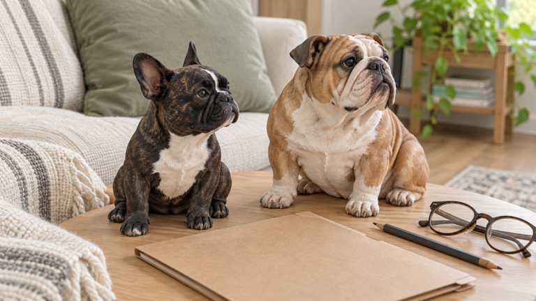 Generated illustration of separate French Bulldog and English Bulldog ceramic figurines, representing parent breeds rather than predicted mixed offspring.