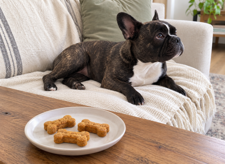 Generated illustration of dog biscuits on a plate with Nina resting on her cream sofa.