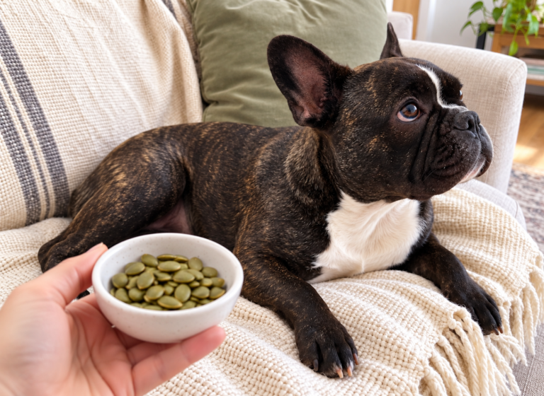 Generated illustration of plain shelled pumpkin seeds in a dish held near Nina.