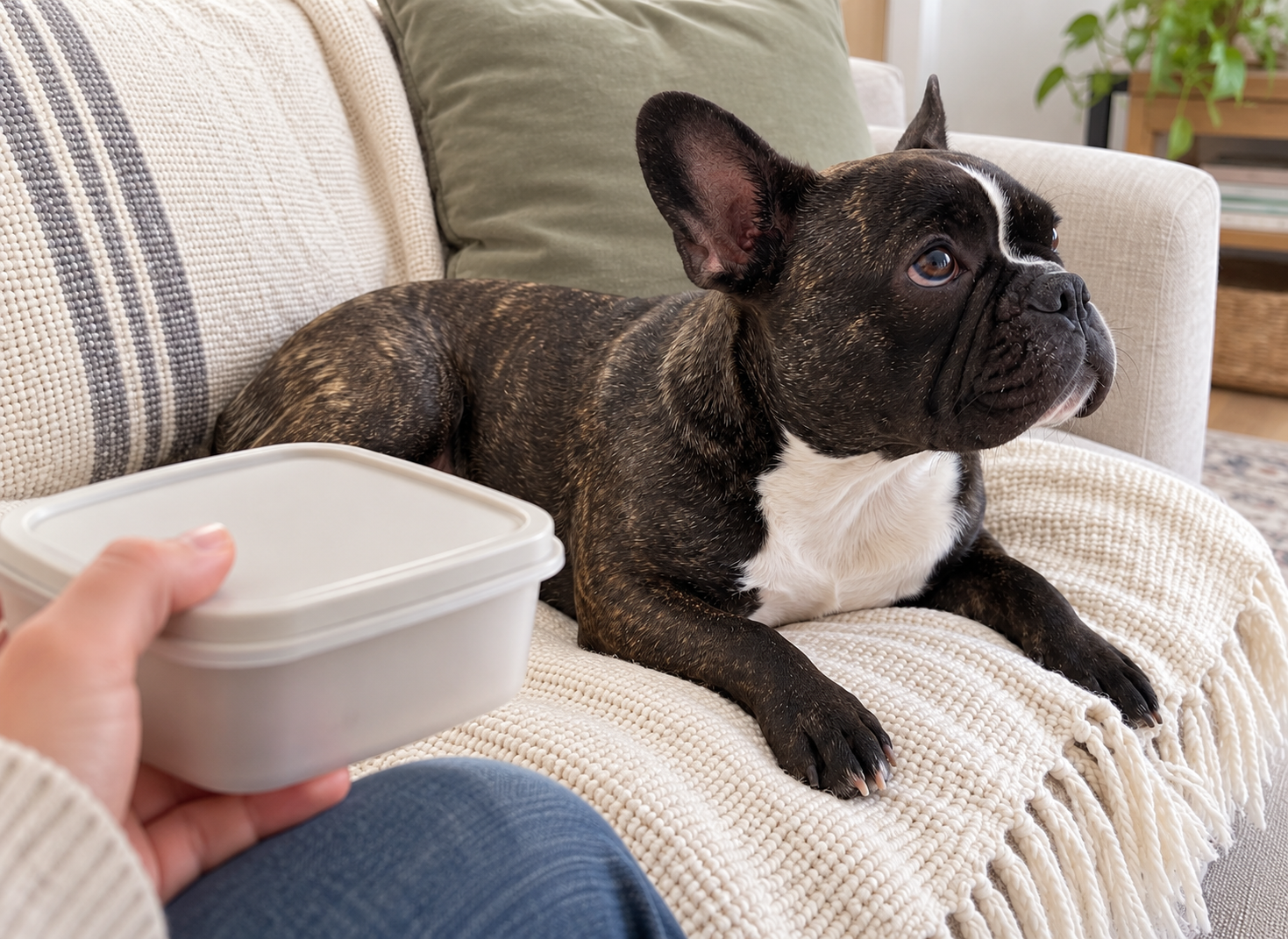 Generated illustration of Nina resting while a person holds a closed food-storage container.
