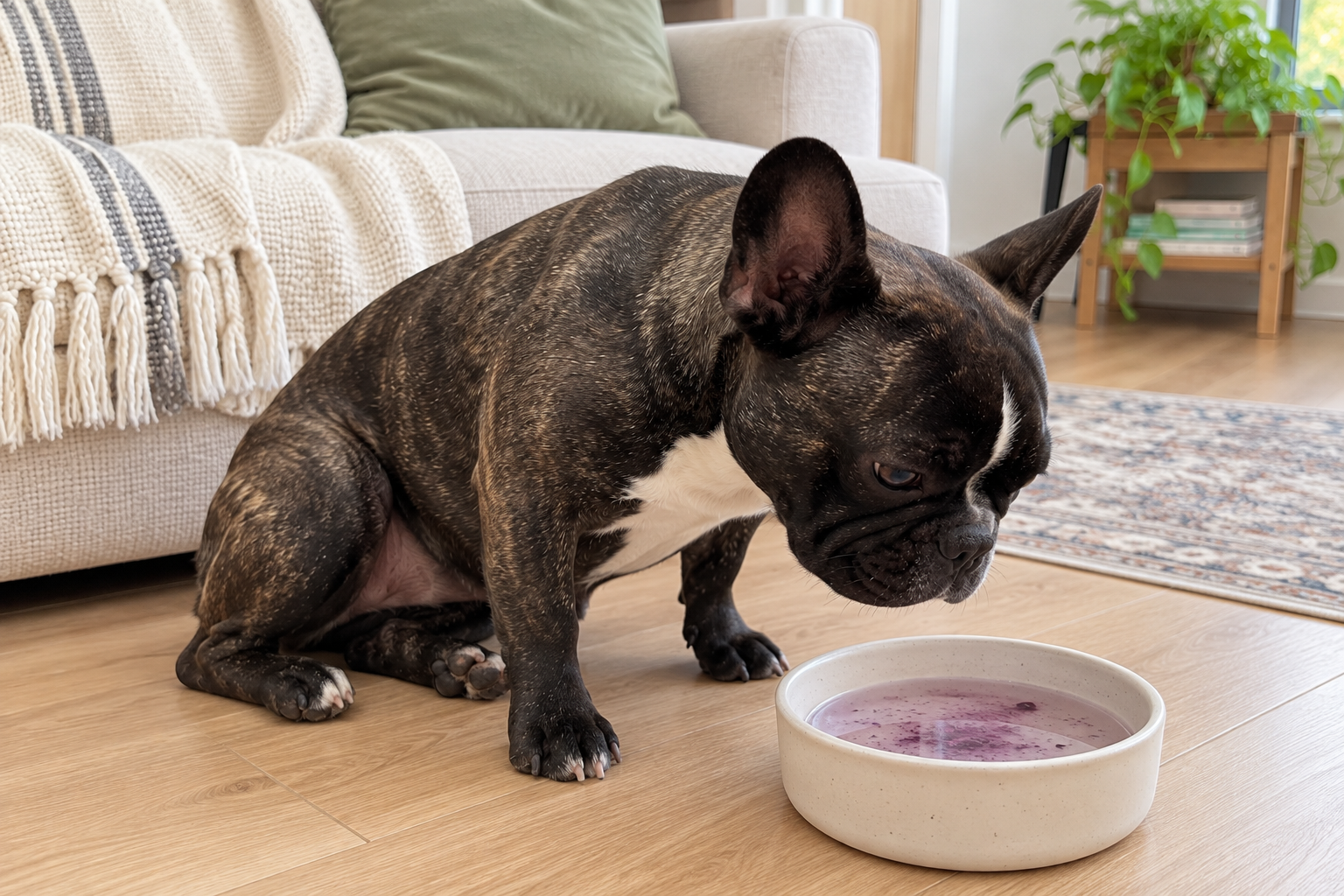 Generated illustration of brindle Nina looking toward a low bowl of blueberry-tinted water beside her cream sofa