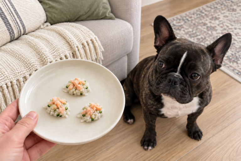 Generated illustration of Nina beside three small rice, cooked salmon and cucumber treats in her living room.