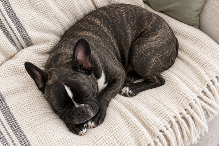 Generated illustration of Nina curled comfortably on the cream woven throw, viewed from above.