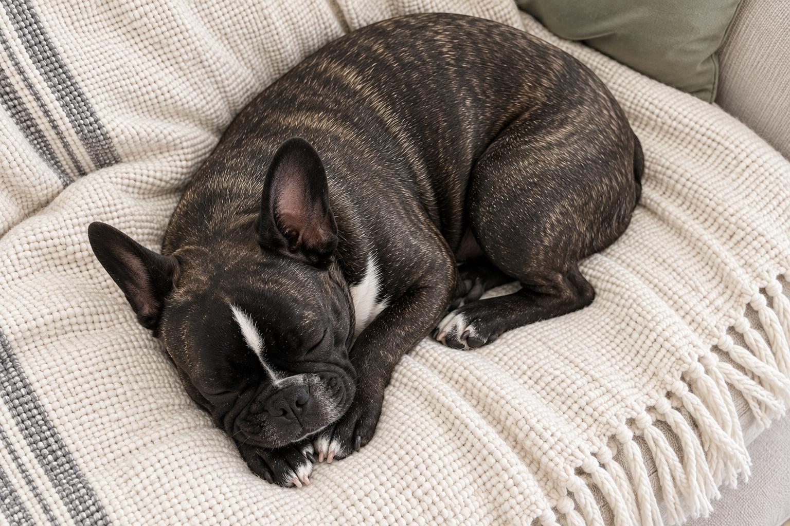 Generated illustration of Nina curled comfortably on the cream woven throw, viewed from above.