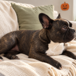 Generated illustration of Nina resting on her cream sofa with a paper pumpkin decoration above her.