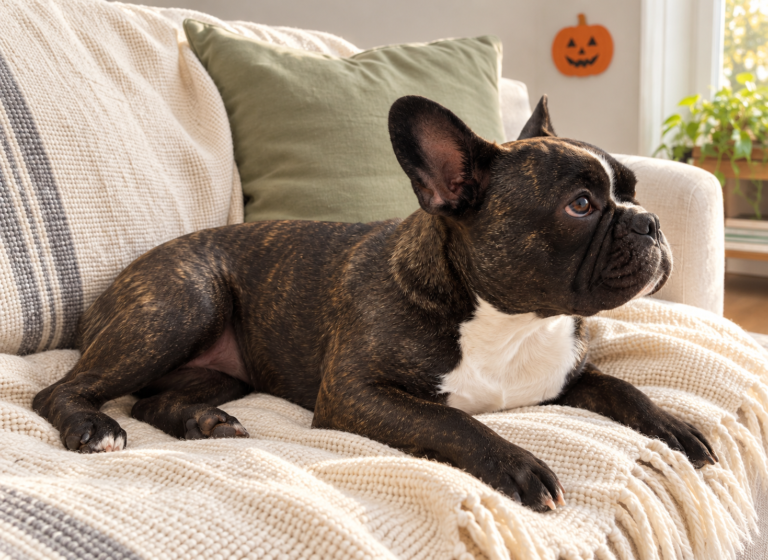 Generated illustration of Nina resting on her cream sofa with a paper pumpkin decoration above her.