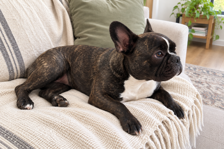 Generated illustration of Nina turning her head to the side while resting on the cream sofa.