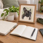 Generated editorial still life of a blank notebook, document wallet, phone and leash beside a framed Nina portrait, suggesting veterinary planning without depicting a medical event.