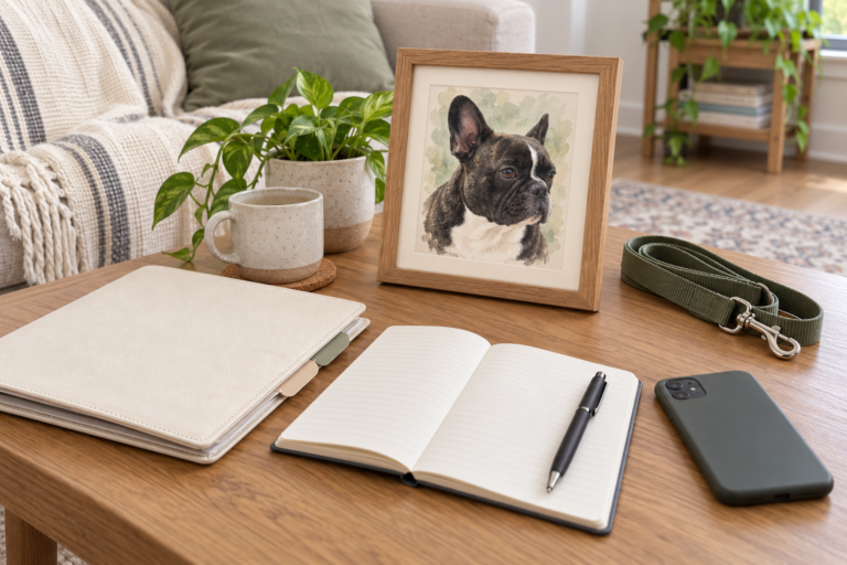 Generated editorial still life of a blank notebook, document wallet, phone and leash beside a framed Nina portrait, suggesting veterinary planning without depicting a medical event.