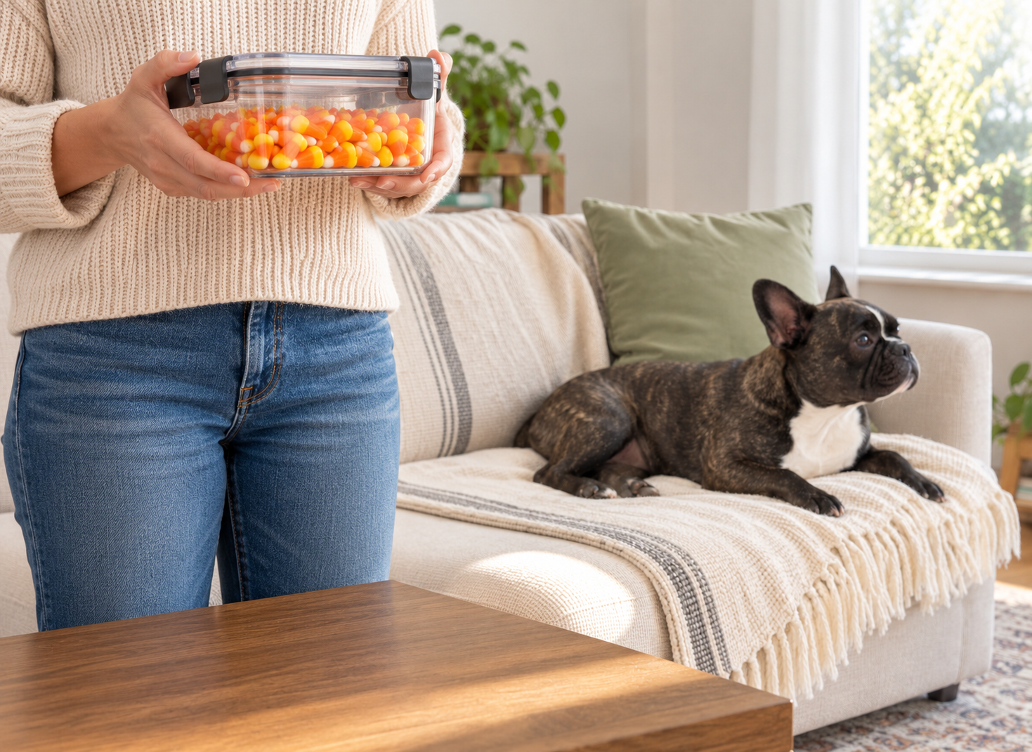 Generated illustration of a person holding a closed, latched candy container away from Nina resting on the sofa.