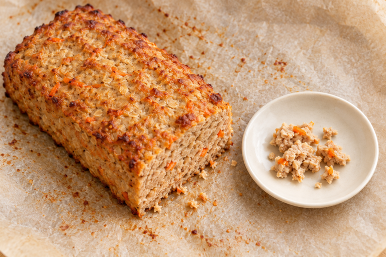 Generated illustration of a plain cooked turkey loaf with a separate small crumbled portion.
