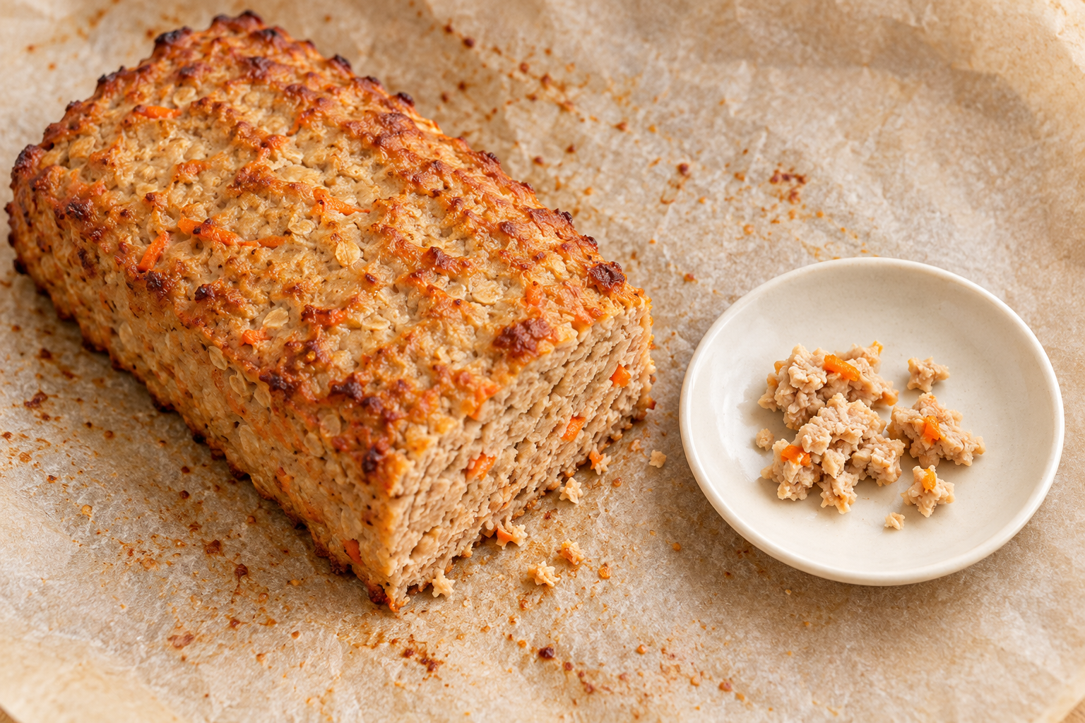 Generated illustration of a plain cooked turkey loaf with a separate small crumbled portion.