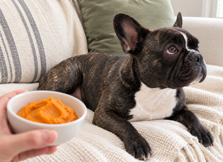 Generated illustration of plain pumpkin puree in a bowl held near Nina resting on her cream sofa.