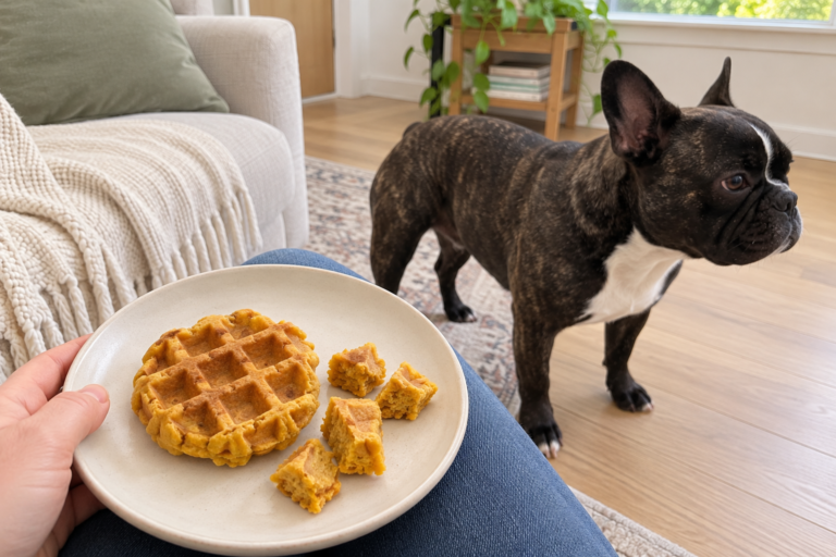Generated illustration of a plain pumpkin waffle and cut pieces on a plate, with brindle Nina standing nearby in her living room.