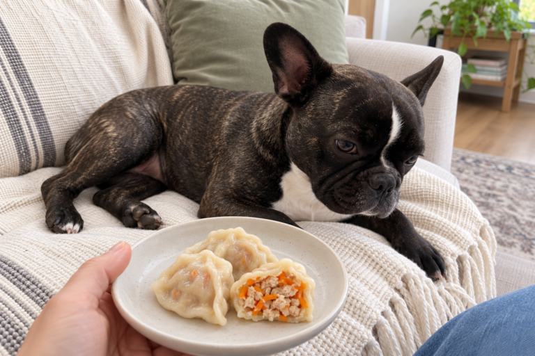 Generated illustration of plain turkey and carrot dumplings on a plate held in front of Nina resting on her cream sofa.