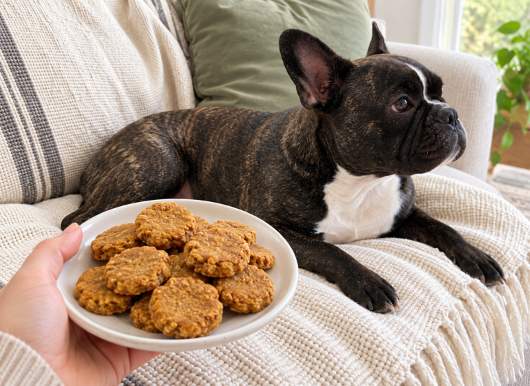 Generated illustration of pumpkin biscuits on a plate held near Nina resting on her cream sofa.