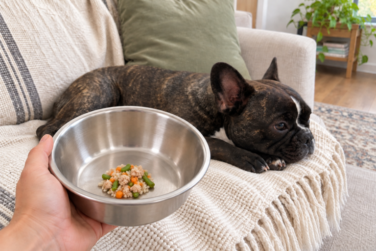 Generated illustration of a small amount of turkey, rice, carrot and green beans in a metal bowl, with Nina resting on her cream sofa.