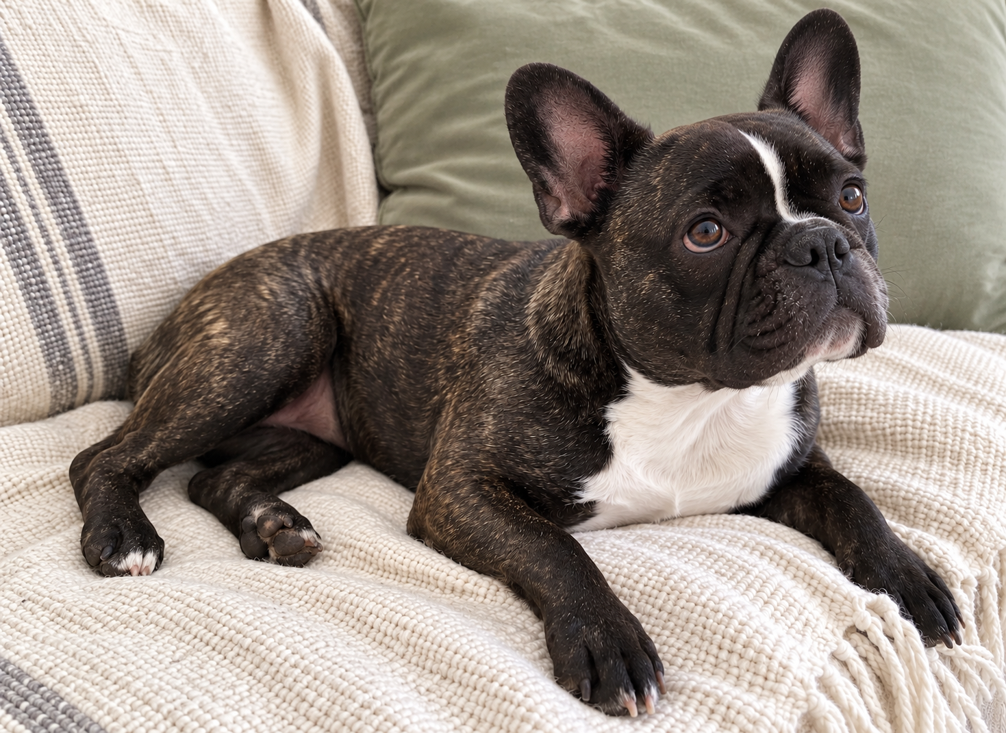 Generated illustration of brindle Nina resting on a cream throw with her head raised.