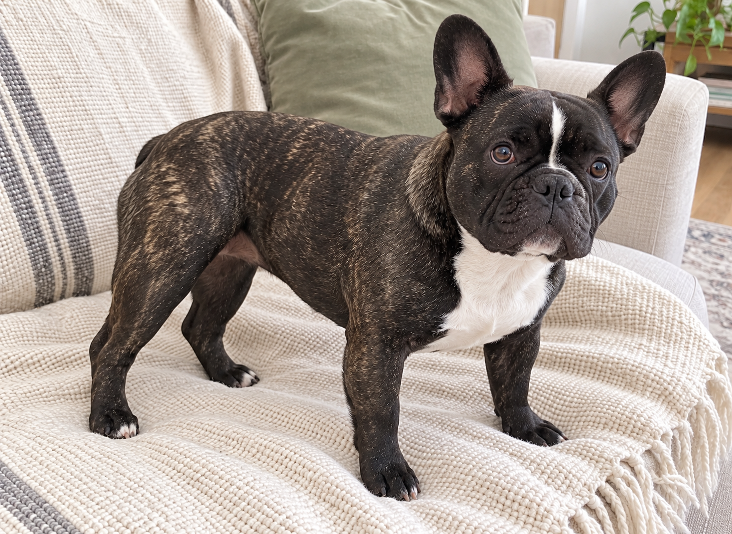 Generated illustration of brindle Nina standing on a cream throw and looking toward the camera.