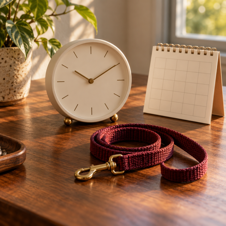 Clock, blank calendar and burgundy dog lead illustrating the passage of time.