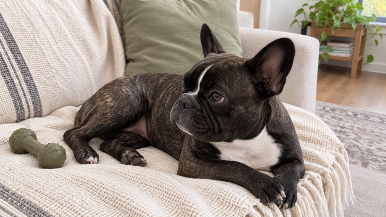 Nina resting calmly with crossed front paws on the sofa, with a rubber chew toy set to one side.