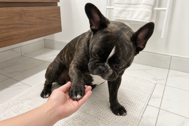 An owner gently supports Nina's front paw for a routine check on the bathroom mat.