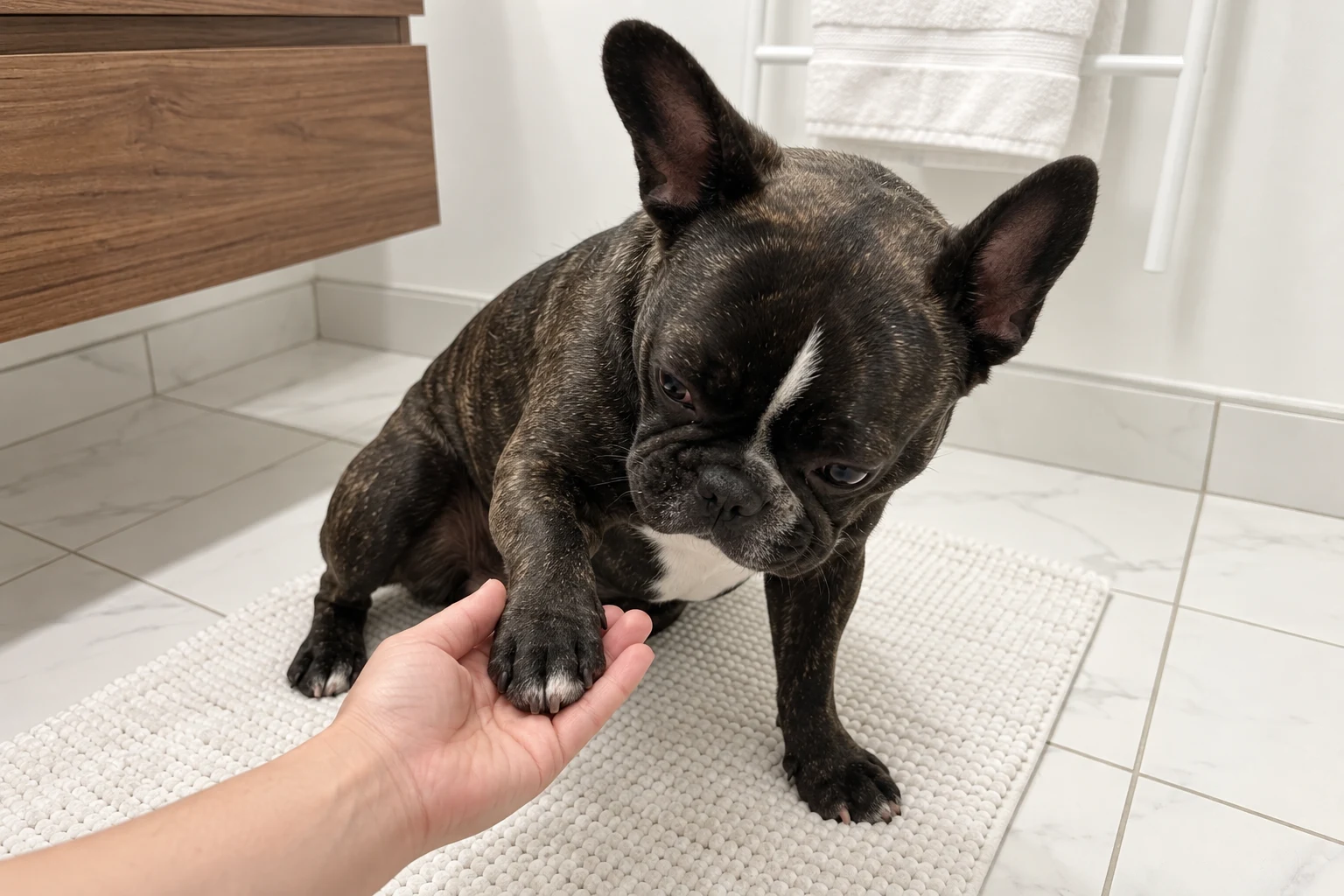 An owner gently supports Nina's front paw for a routine check on the bathroom mat.