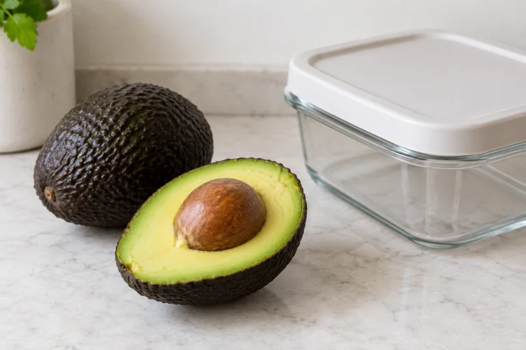 A halved avocado with its pit and a whole avocado on a kitchen countertop.
