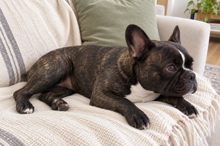Generated illustration of brindle Nina resting on a cream throw with space around her.