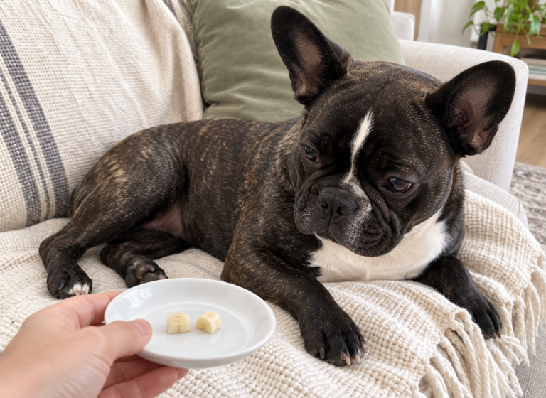 Editorial illustration of Nina looking toward two small peeled banana pieces on a white saucer.