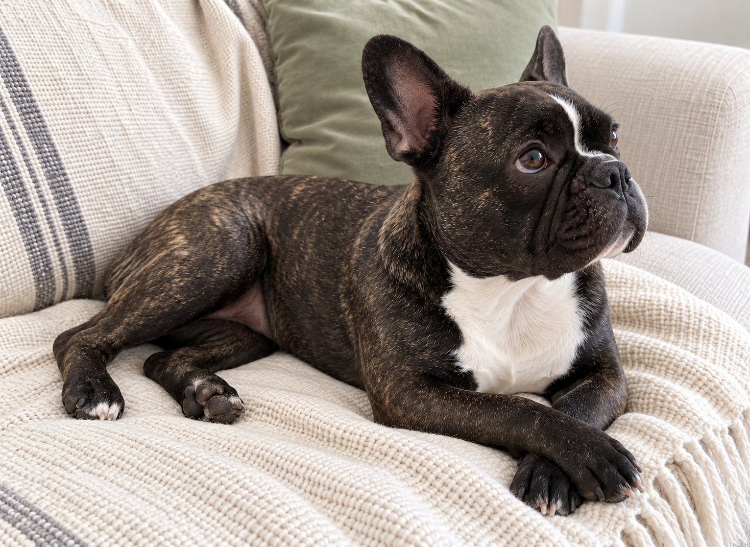 Generated illustration of brindle Nina resting with loosely crossed front paws.