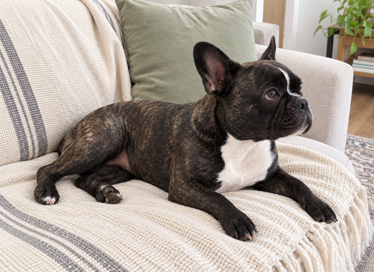 Generated illustration showing Nina's whole body resting on her cream sofa with her face, ears and paws visible.