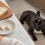 Plain baked bread and two small pieces on a counter while Nina rests on the floor nearby.