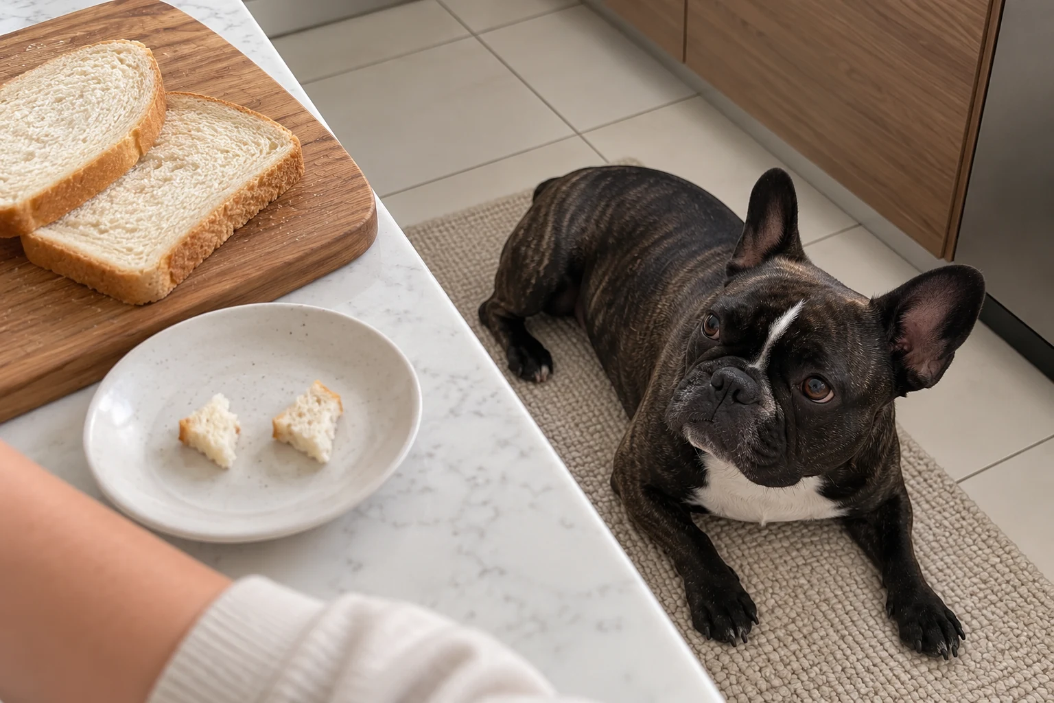 Plain baked bread and two small pieces on a counter while Nina rests on the floor nearby.