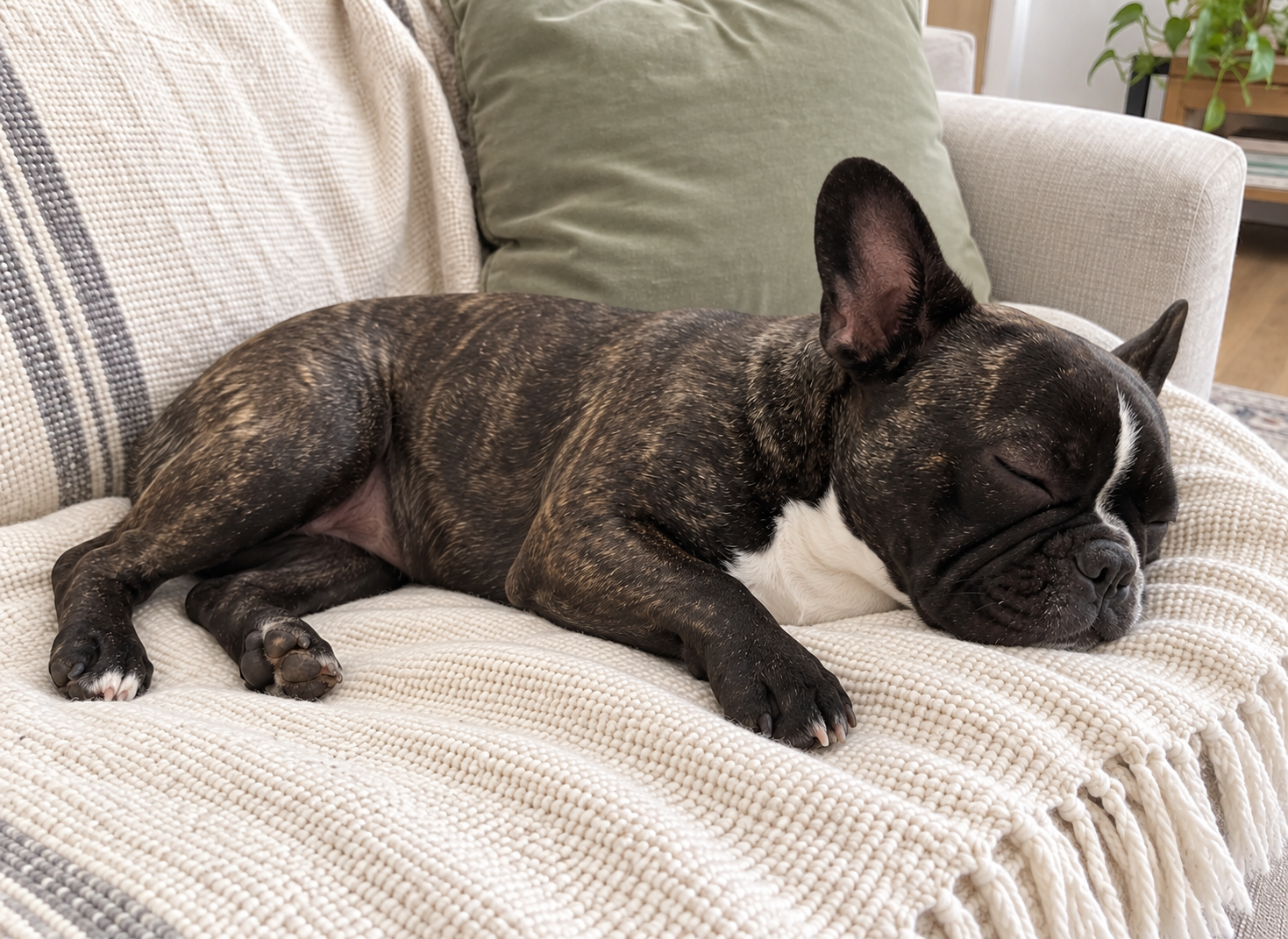 Editorial illustration of Nina sleeping on her side on a cream sofa with her mouth closed.