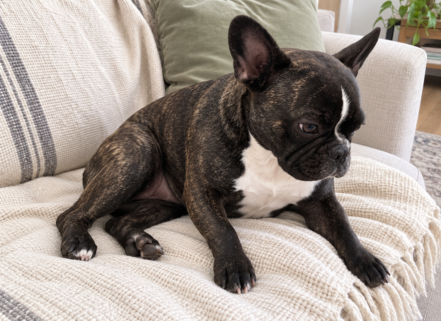 Generated illustration of brindle Nina sitting loosely on her cream sofa.