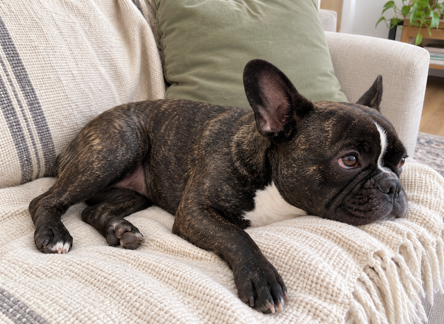 Generated illustration of Nina resting on her cream throw.