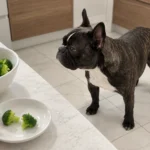 Plain steamed broccoli and tiny chopped florets on a kitchen counter, with Nina nearby.