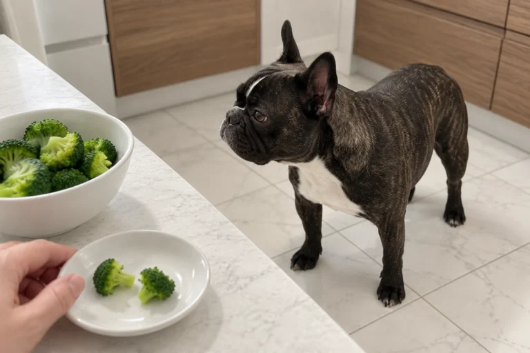 Plain steamed broccoli and tiny chopped florets on a kitchen counter, with Nina nearby.