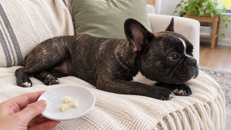 AI-generated editorial illustration of Nina on a cream sofa beside a hand-held saucer with three small peeled, core-free apple pieces.