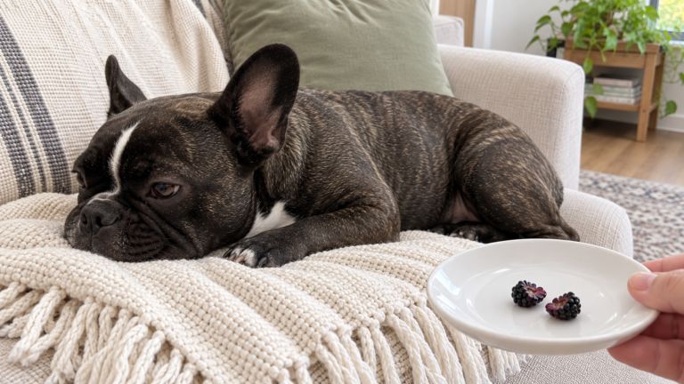 AI-generated editorial illustration of Nina on a cream sofa beside a hand-held saucer with two small blackberry halves.