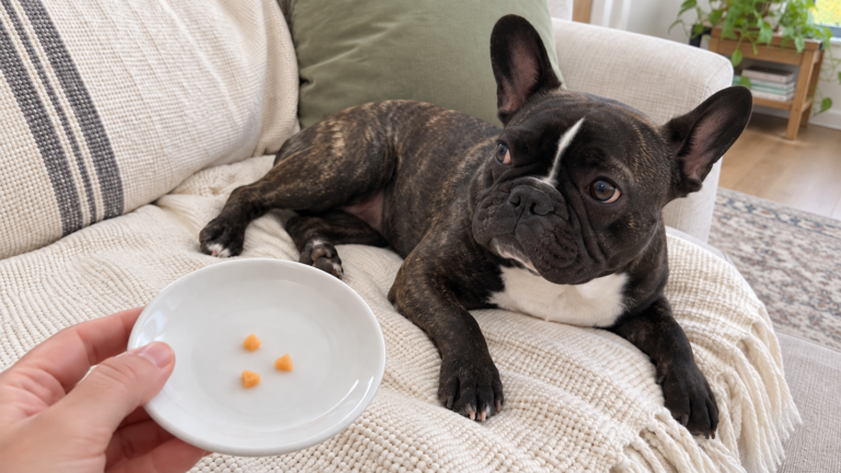 AI-generated illustration of Nina beside a hand-held dish with three tiny pieces of peeled cantaloupe.