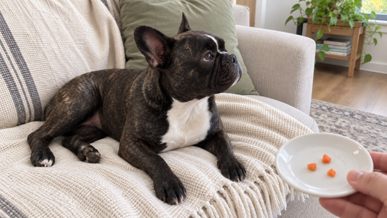 AI-generated editorial illustration of Nina on a cream sofa beside a hand-held saucer with three tiny plain cooked carrot pieces.