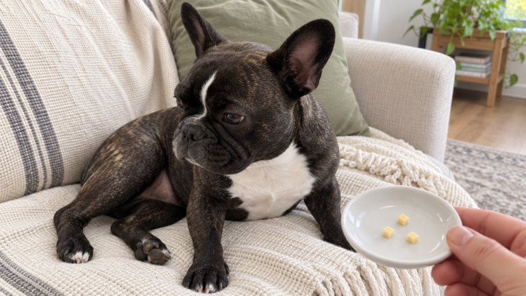 AI-generated editorial illustration of Nina on a cream sofa beside a hand-held saucer with three tiny plain cheese cubes.