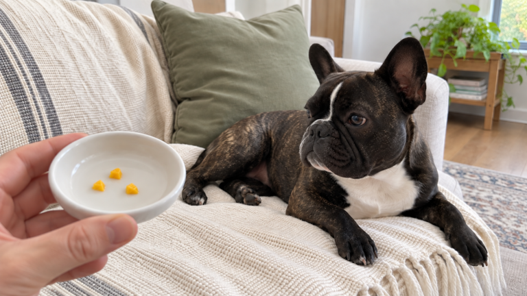 AI-generated illustration of Nina beside a hand-held dish with three tiny pieces of peeled mango.